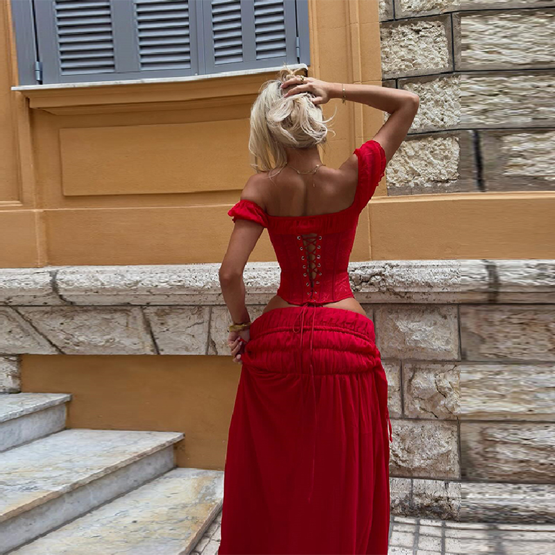 Chic Red Off Shoulder Corset T - огляд і ціна Elastic Lace Trim