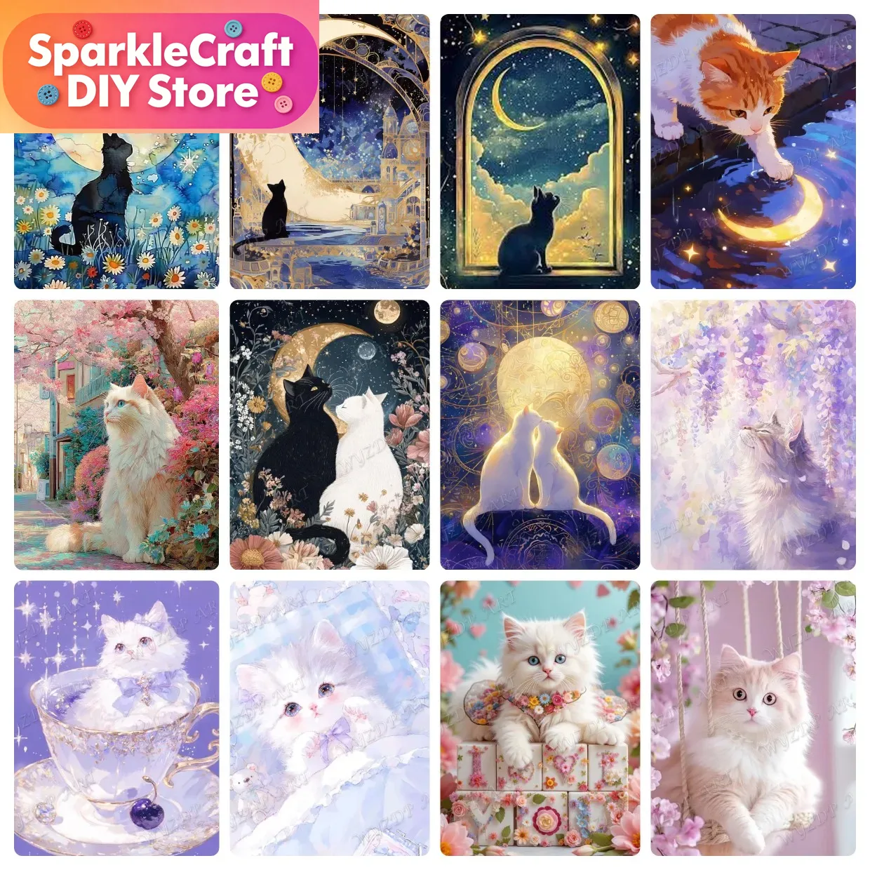 Animal Cat Moon Diamond Painti - огляд і ціна Embroidery Embellishments