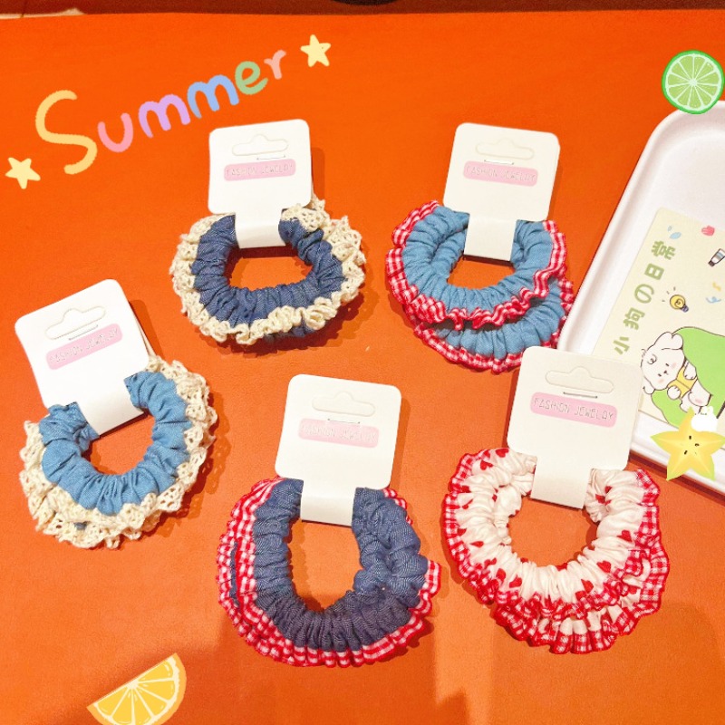 Lace Trim Denim Hair Ties Red  - огляд і ціна Elastic Lace Trim