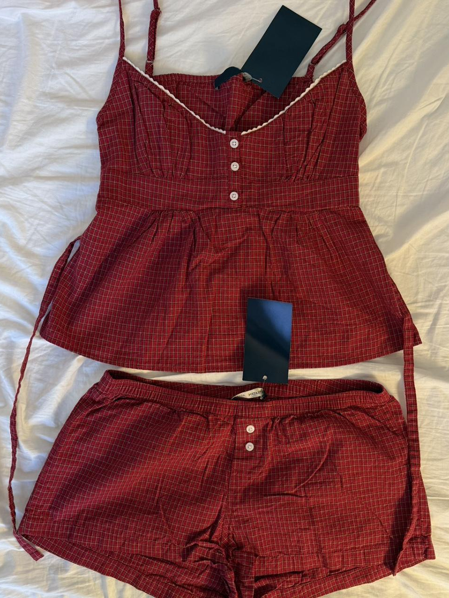 Red Plaid Buttons Tank Shorts  - огляд і ціна Elastic Lace Trim